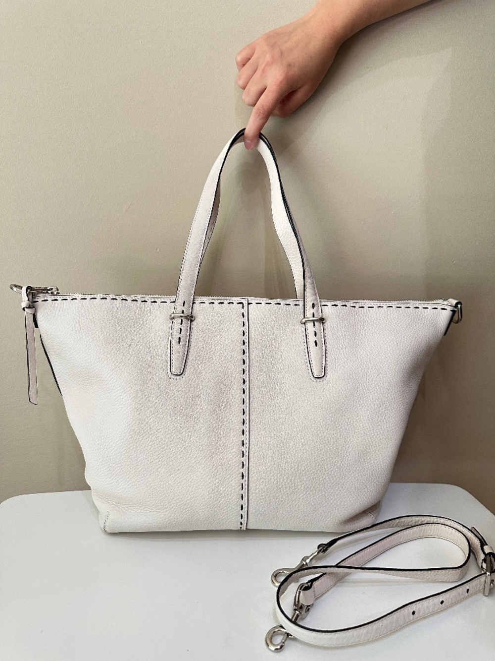 Rare Coach Bleeker Ivory Pebbled Leather Stitch 2-way Tote & Shoulder Bag 27955